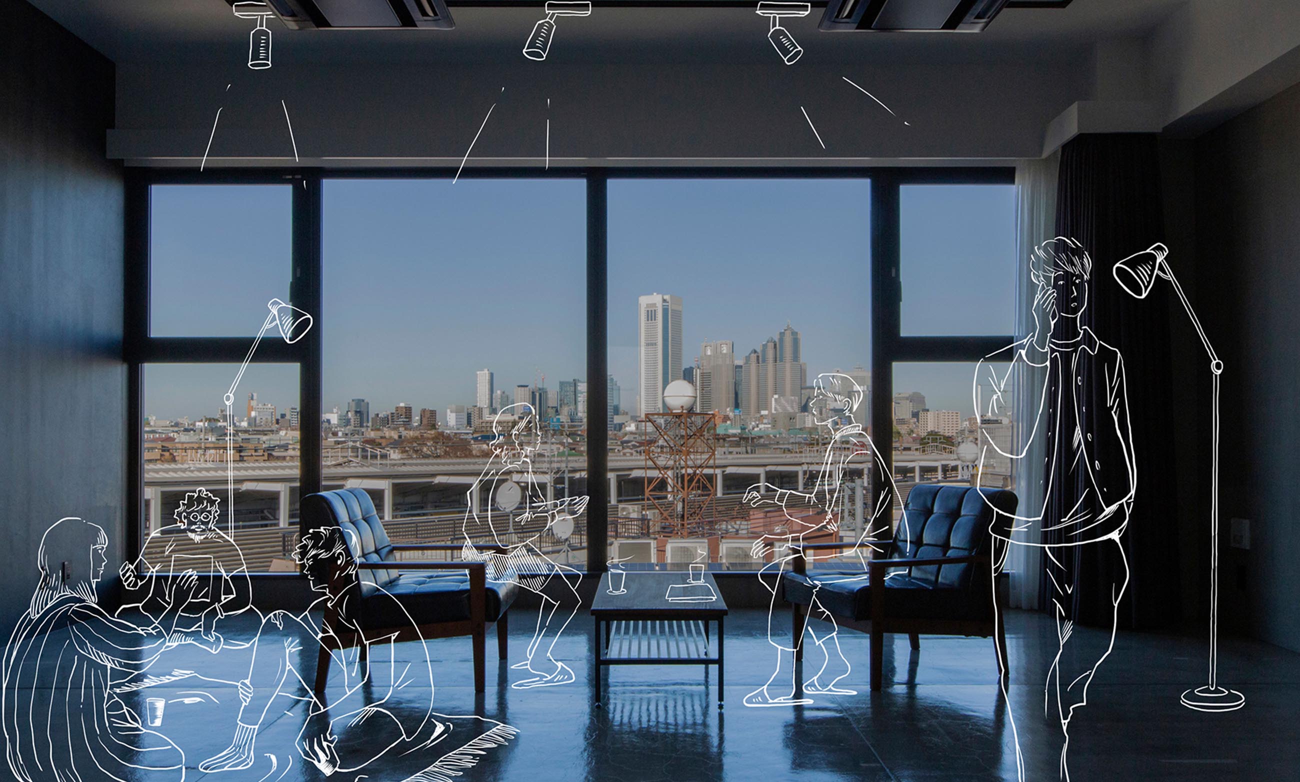 新宿副都心のビル群を一望出来る全面窓